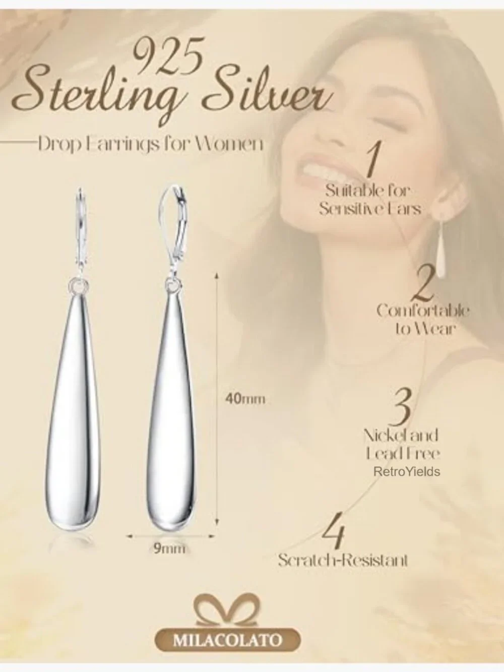 925 Sterling Silver Leverback Dangle Earrings Hypoallergenic Teardrop